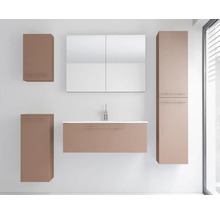 Ensemble de meubles de salle de bains moderne vieux rose mat avec sous-vasque, lavabo blanc, armoire de toilette et trois armoires murales.