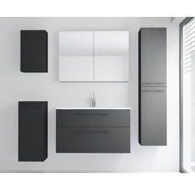 Ensemble de meubles de salle de bain moderne anthracite avec meuble sous-vasque, lavabo blanc, armoire de toilette et armoire haute.