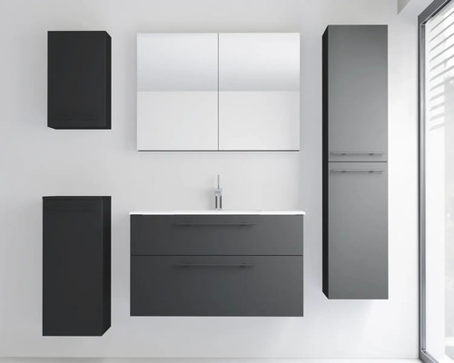 Ensemble de meubles de salle de bain moderne anthracite avec meuble sous-vasque, lavabo blanc, armoire de toilette et armoire haute.