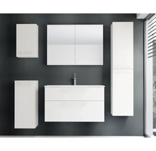 Ensemble de meubles de salle de bains blanc avec meuble sous-vasque, armoire de toilette, colonne et meubles latéraux.