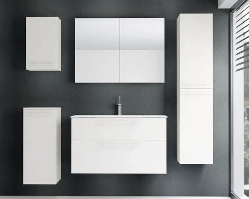 Ensemble de meubles de salle de bains blanc avec meuble sous-vasque, armoire de toilette, colonne et meubles latéraux.