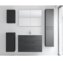 Ensemble de meubles de salle de bains moderne comprenant un meuble sous-lavabo à trois tiroirs, une armoire de toilette, une colonne et deux meubles latéraux.