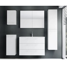 Ensemble de meubles de salle de bain blanc avec meuble sous-vasque, lavabo, armoire de toilette, colonne et deux éléments hauts.