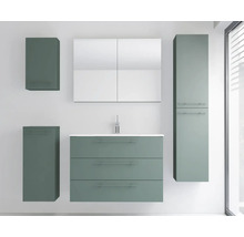 Ensemble de meubles de salle de bains moderne avec meuble sous-vasque à trois tiroirs, armoire de toilette et armoires murales en vert mat.