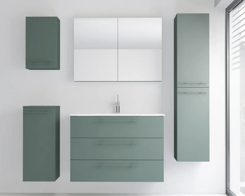 Ensemble de meubles de salle de bains moderne avec meuble sous-vasque à trois tiroirs, armoire de toilette et armoires murales en vert mat.