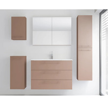 Ensemble de meubles de salle de bains avec meuble sous-lavabo à trois tiroirs, lavabo, armoire de toilette, colonne et deux meubles latéraux.