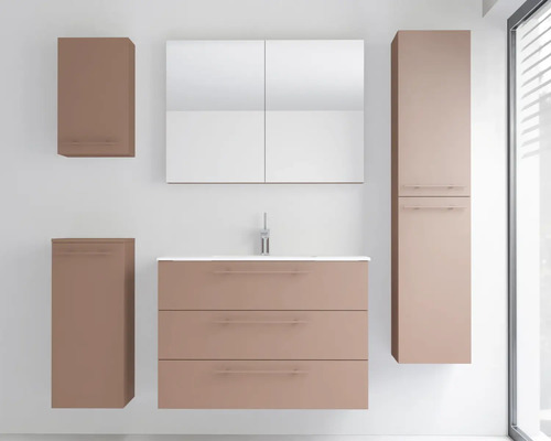Ensemble de meubles de salle de bains avec meuble sous-lavabo à trois tiroirs, lavabo, armoire de toilette, colonne et deux meubles latéraux.