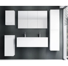 Ensemble de meubles de salle de bain moderne blanc comprenant un sous-lavabo, une armoire de toilette à trois portes, une colonne et deux placards.