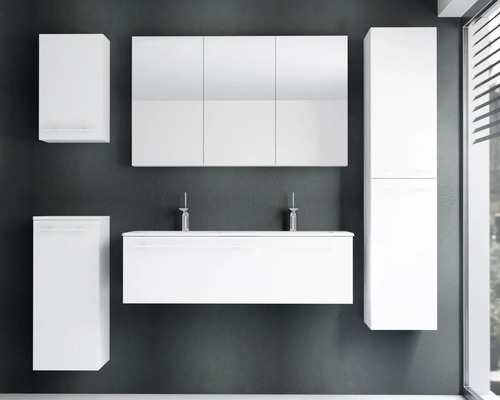 Ensemble de meubles de salle de bain moderne blanc comprenant un sous-lavabo, une armoire de toilette à trois portes, une colonne et deux placards.