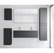 Ensemble de meubles de salle de bain moderne anthracite avec double vasque, armoire de toilette, colonne et deux meubles latéraux.