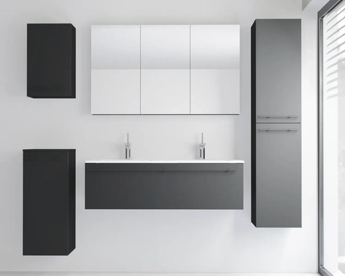Ensemble de meubles de salle de bain moderne anthracite avec double vasque, armoire de toilette, colonne et deux meubles latéraux.