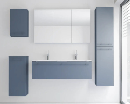Ensemble de meubles de salle de bains moderne comprenant un sous-vasque double, une armoire de toilette à trois portes et trois armoires suspendues.
