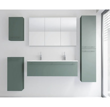 Ensemble de meubles de salle de bains moderne avec double vasque, armoire à miroir, colonne et meubles latéraux en vert mat.