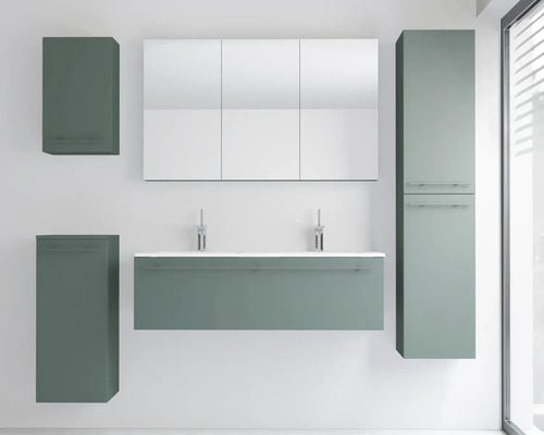 Ensemble de meubles de salle de bains moderne avec double vasque, armoire à miroir, colonne et meubles latéraux en vert mat.