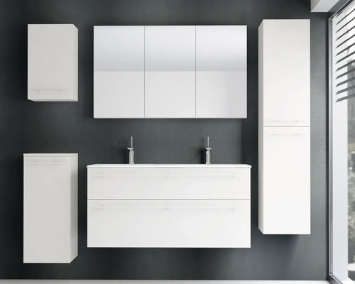 Ensemble de meubles de salle de bain avec meuble sous-vasque double, armoire de toilette à trois portes, colonne et deux armoires murales.