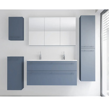 Ensemble de meubles de salle de bains moderne comprenant un double lavabo avec meuble sous-vasque, une armoire de toilette et des colonnes.