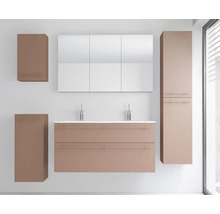 Ensemble de meubles de salle de bains moderne comprenant un meuble sous-vasque double, une armoire de toilette à trois portes et trois armoires.