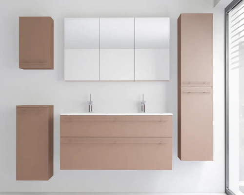 Ensemble de meubles de salle de bains moderne comprenant un meuble sous-vasque double, une armoire de toilette à trois portes et trois armoires.
