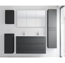 Ensemble de meubles de salle de bains avec meuble double vasque, armoire de toilette et plusieurs colonnes en gris foncé.