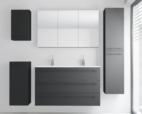 Ensemble de meubles de salle de bains avec meuble double vasque, armoire de toilette et plusieurs colonnes en gris foncé.