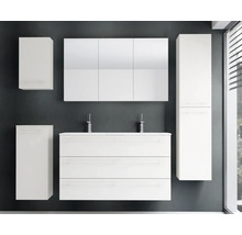Ensemble de meubles de salle de bains moderne avec double vasque, armoire de toilette à trois portes, colonne et deux meubles latéraux.