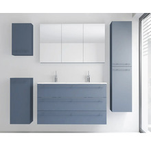 Ensemble de meubles de salle de bains moderne bleu avec double vasque, armoire de toilette et armoires murales.