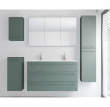 Ensemble de meubles de salle de bains moderne avec meuble sous-vasque double, trois tiroirs, deux robinets, armoire de toilette et trois armoires.