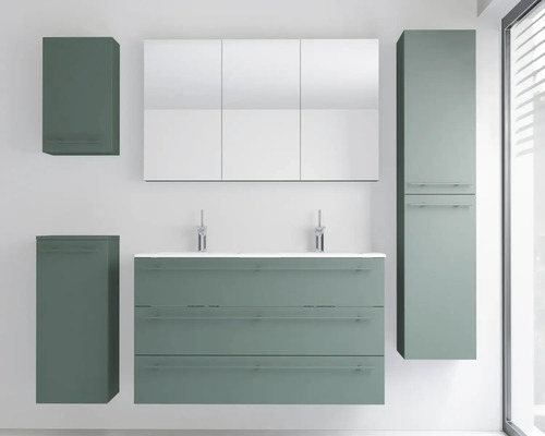 Ensemble de meubles de salle de bains moderne avec meuble sous-vasque double, trois tiroirs, deux robinets, armoire de toilette et trois armoires.