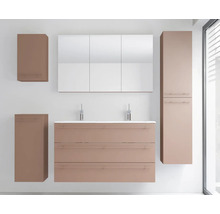 Ensemble de meubles de salle de bains avec double vasque, armoire de toilette et trois armoires latérales murales au design moderne et épuré.