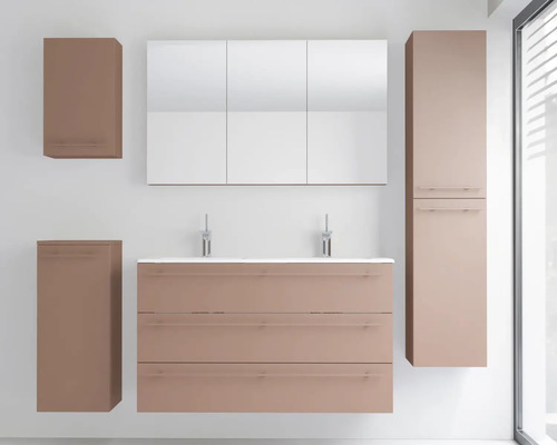 Ensemble de meubles de salle de bains avec double vasque, armoire de toilette et trois armoires latérales murales au design moderne et épuré.