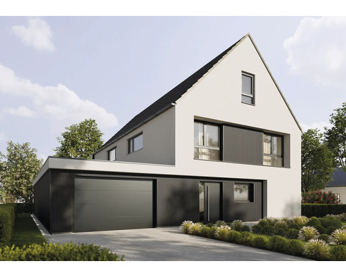 Modernes zweigeschossiges Haus mit Satteldach, heller Fassade, dunkler Metallverkleidung, Sektionaltor und gestalteter Außenanlage.