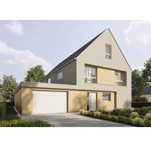 Modernes Einfamilienhaus mit Satteldach, heller Fassade, Holzverkleidung, weissem Garagentor und gepflasterter Einfahrt.