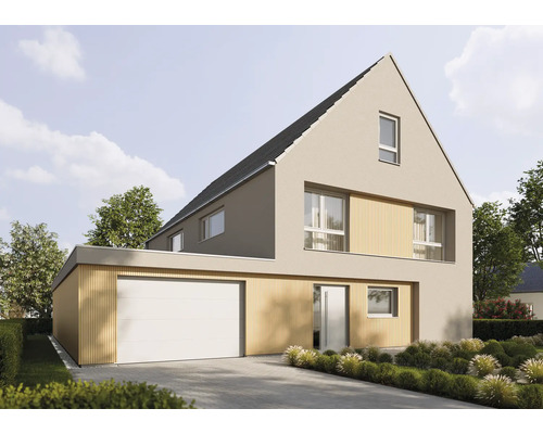 Modernes Einfamilienhaus mit Satteldach, heller Fassade, Holzverkleidung, weissem Garagentor und gepflasterter Einfahrt.