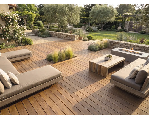 Grande terrasse en bois avec salon de jardin moderne, table en bois, foyer extérieur et murs en pierre naturelle dans un jardin soigné.