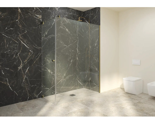 Modernes Badezimmer mit barrierefreier Walk-In-Dusche aus Glas vor einer Wand in dunkler Marmoroptik, neben einer Toilette.