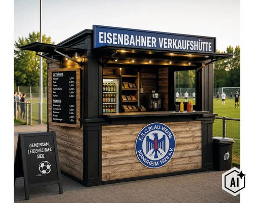 Helle, organisierte Verkaufshütte aus Holz mit schwarzem Rahmen am Sportplatz, mit offener Durchreiche, Menütafel, Vereinslogo und Beleuchtung. (Image AI modified or generated)