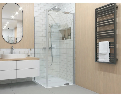 Jungborn Duschtür mit Seitenwand SETTE Drehtür mit Festteil rechts und Seitenwand links 90 x 75 x 200 cm Profilfarbe silber Klarglas mit schmutzabweisende Glasbeschichtung mit Puffergriff