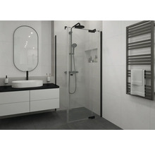 Jungborn Duschtür mit Seitenwand SETTE Drehtür mit Festteil rechts und Seitenwand links 80 x 80 x 200 cm Profilfarbe schwarz Klarglas mit schmutzabweisende Glasbeschichtung mit Puffergriff