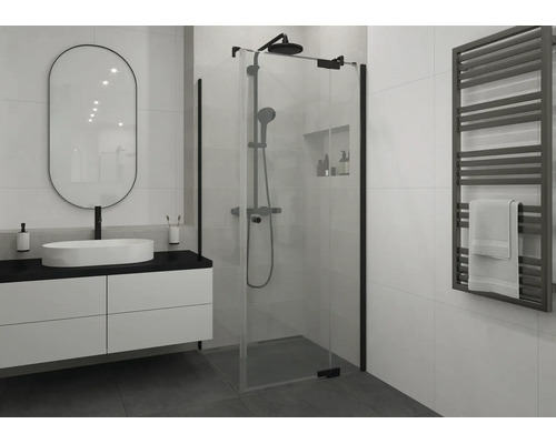 Jungborn Duschtür mit Seitenwand SETTE Drehtür mit Festteil rechts und Seitenwand links 80 x 80 x 200 cm Profilfarbe schwarz Klarglas mit schmutzabweisende Glasbeschichtung mit Puffergriff