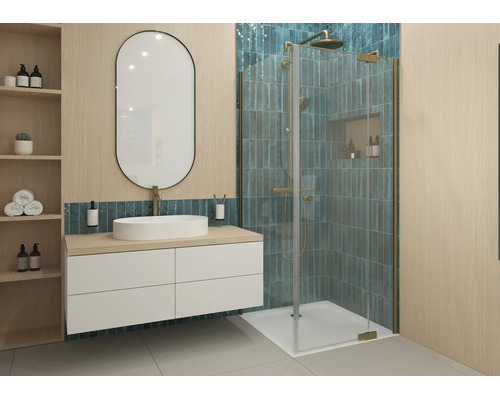 Porte de douche Jungborn avec paroi latérale SETTE, porte pivotante fixée à une partie fixe, 80 x 80 x 200 cm, profilé doré mat, verre transparent, revêtement résistant à la saleté, sens d'ouverture à droite, paroi latérale à gauche, poignée amortissante
