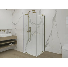 Ensemble d'accès d'angle SETTE de Jungborn avec porte pivotante sur la partie fixe 75 x 75 x 200 cm, profilé doré mat, verre transparent résistant à la saleté, sens d'ouverture à gauche ou à droite, poignée amortissante
