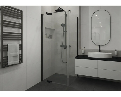Jungborn Duschtür mit Seitenwand SETTE Drehtür mit Festteil links und Seitenwand rechts 100 x 90 x 200 cm Profilfarbe schwarz Klarglas mit schmutzabweisende Glasbeschichtung und Puffergriff
