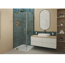 Porte de douche Jungborn avec paroi latérale SETTE, avec porte pivotante fixée à la partie fixe, 80 x 90 x 200 cm, profilé doré mat, verre transparent, résistant à la saleté, charnières à gauche, paroi latérale à droite, poignée amortissante