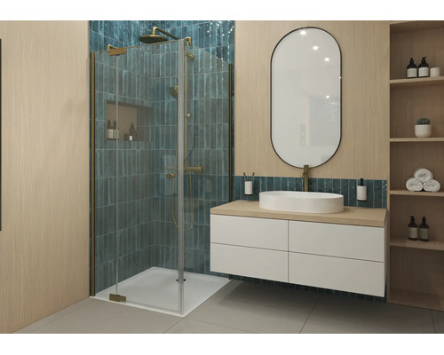 Porte de douche Jungborn avec paroi latérale SETTE, avec porte pivotante fixée à la partie fixe, 80 x 90 x 200 cm, profilé doré mat, verre transparent, résistant à la saleté, charnières à gauche, paroi latérale à droite, poignée amortissante