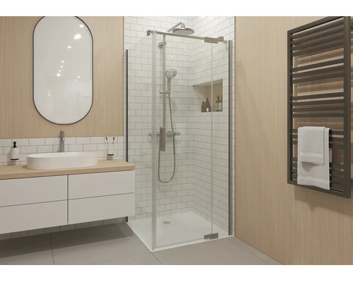 Jungborn Duschtür mit Seitenwand SETTE Drehtür mit Festteil rechts und Seitenwand links 80 x 90 x 200 cm Profilfarbe silber Klarglas mit schmutzabweisende Glasbeschichtung und Stangengriff