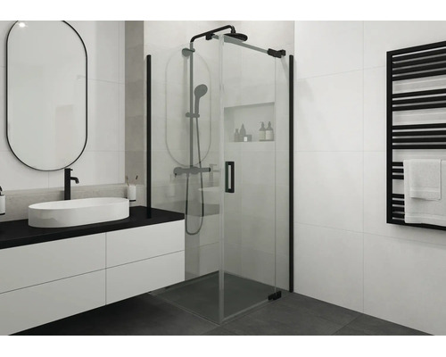 Jungborn Duschtür mit Seitenwand SETTE Drehtür mit Festteil rechts und Seitenwand links 90 x 100 x 200 cm Profilfarbe schwarz Klarglas mit schmutzabweisende Glasbeschichtung und Stangengriff