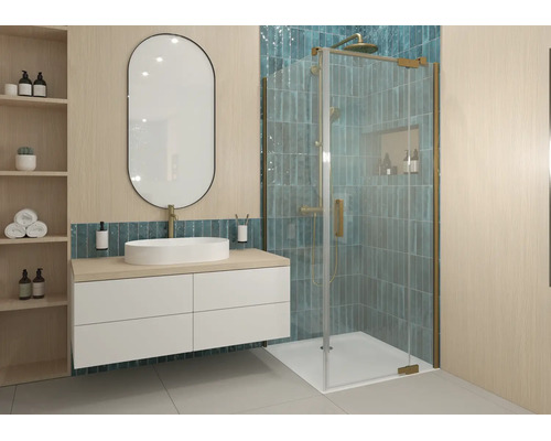 Porte de douche Jungborn avec paroi latérale SETTE, avec porte pivotante fixée à la partie fixe, 75 x 75 x 200 cm, profilé doré mat, verre transparent, revêtement résistant à la saleté, sens d'ouverture à droite, paroi latérale à gauche