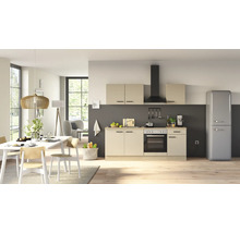 Cuisine équipée moderne avec façades claires, four intégré, plaque de cuisson, hotte aspirante et réfrigérateur en pose libre dans un espace ouvert.