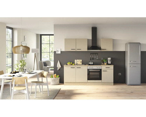 Cuisine équipée moderne avec façades claires, four intégré, plaque de cuisson, hotte aspirante et réfrigérateur en pose libre dans un espace ouvert.