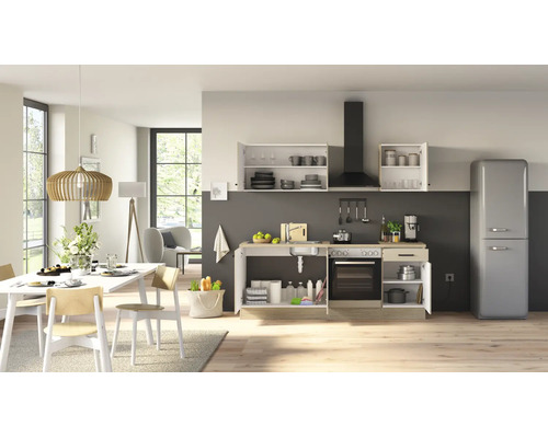 Cuisine moderne avec kitchenette ouverte, four encastré, hotte aspirante et réfrigérateur rétro autonome dans un espace de vie lumineux.